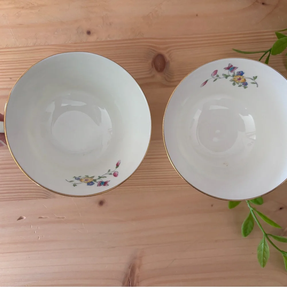 Royal Worcester Floral Tea Cups with Gold Trim Hampton Court Vintage Set of 2